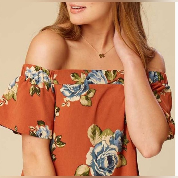 ALTAR’D STATE Off-Shoulder Floral Dress in Camel - Picture 3 of 6